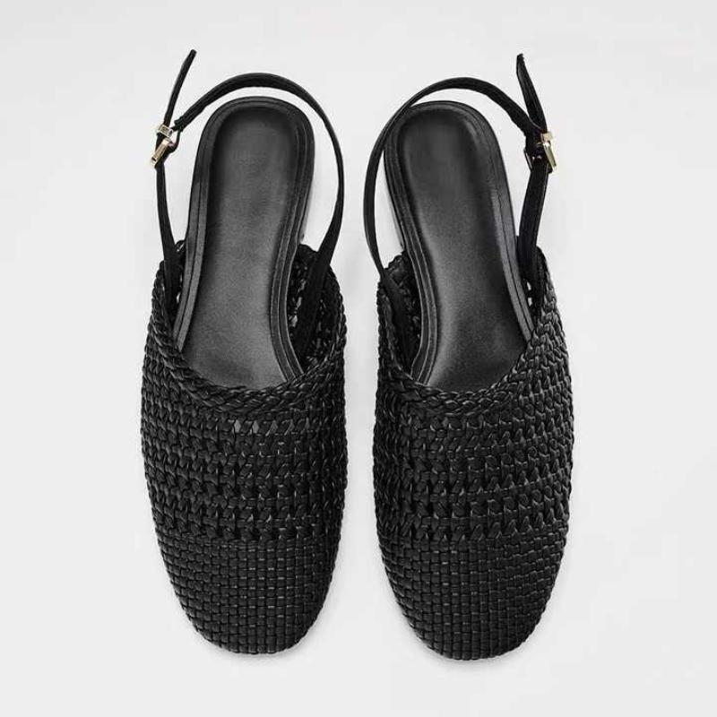 Fashion Handmade Woven Black Mesh Brand Flat Sandals Women Fashion Back Strap Buckle Designer Shoes Comfort Round Toe Casual Beach Shoes