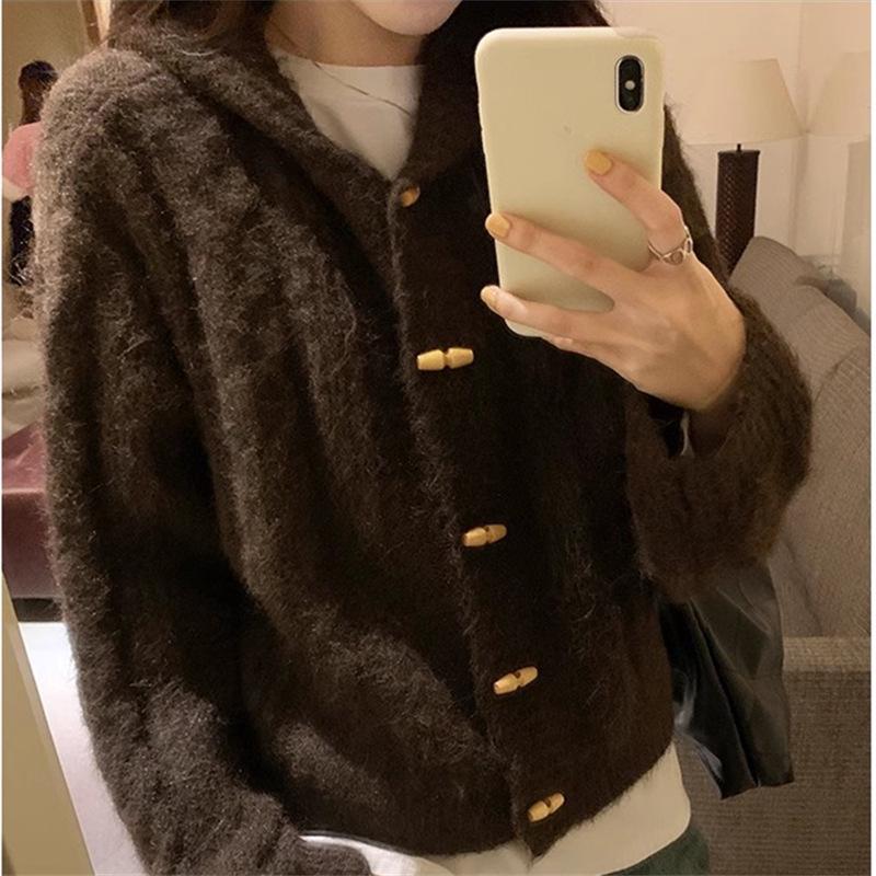 

Вязаный кардиган с капюшоном и застежками-клевантами, осень/зима One Size [80-125] кофейный