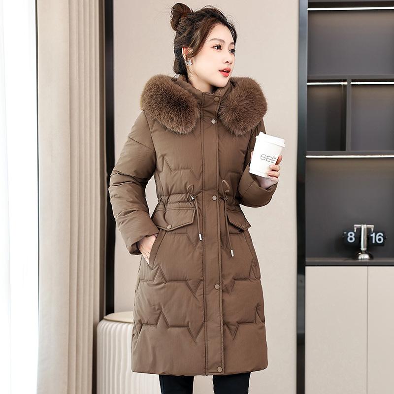 Medium and long slim-fitting large fur-neck cotton-padded clothes, new thin warm cotton-padded clothes, slim-fitting coats.