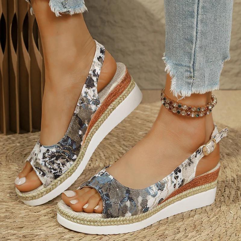 Fashion Fashion Printing Wedge Sandals for Women Summer 2025 Peep Toe Platform Sandles Woman Lightweight Non Slip Beach Sandalias Mujer