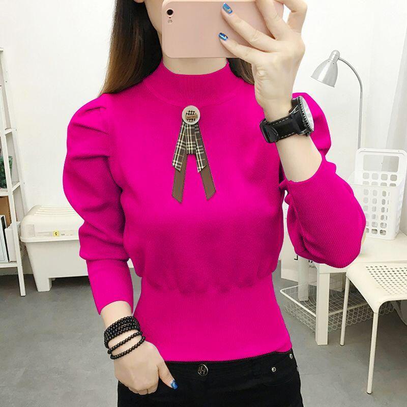 

Осень зима Женские пуловеры Полувысокий воротник Складки Рукав-буф фонарик Универсальные Облегающие Модные Повседневные Свитера Топы для работы L розы красного