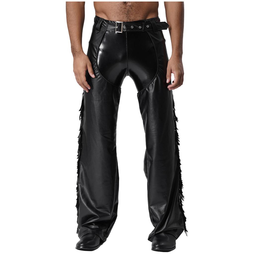 Pantaloni da Cowboy Occidentali da Uomo in Ecopelle con Frange, Lati Tagliati, Zip, Frange