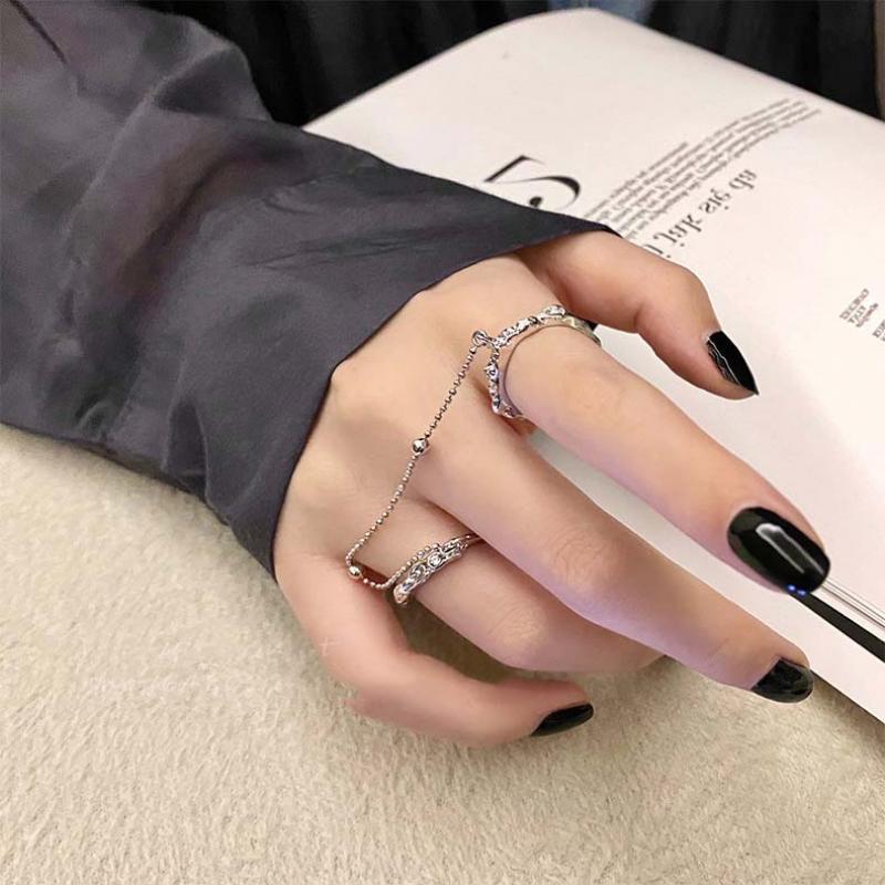 Fashion Punk Tassels Chain Double Ring Set Women Hip Hop Open Ring Metal Silver Color Ball Chain Party Jewlery Gifts