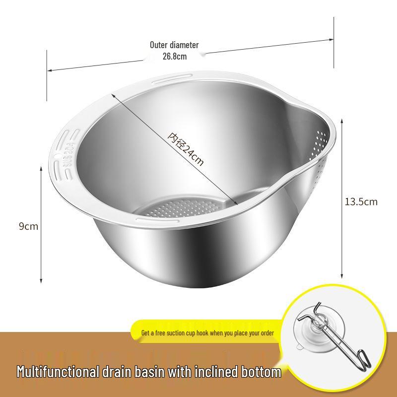 304 Stainless Steel Multi-Purpose Kitchen Basin: Rice Sieve, Vegetable & Fruit Washing, Oblique-Base Design Rice Washing Basin Natural (Bag) with Suction Hook
