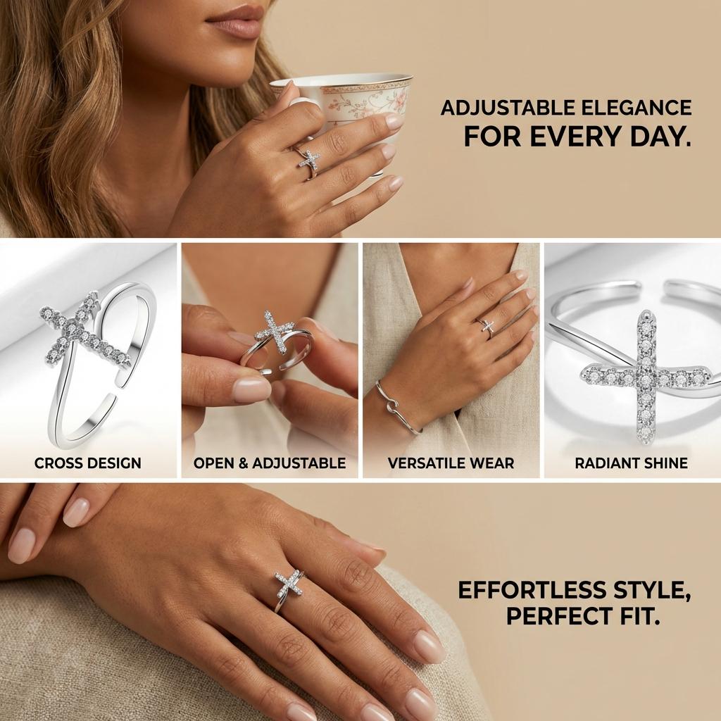 Dainty Sparkling Zircon Cross Ring for Women Silver Color Adjustable Open Finger Ring 2026 Trend Party Jewelry Best Friend Gift