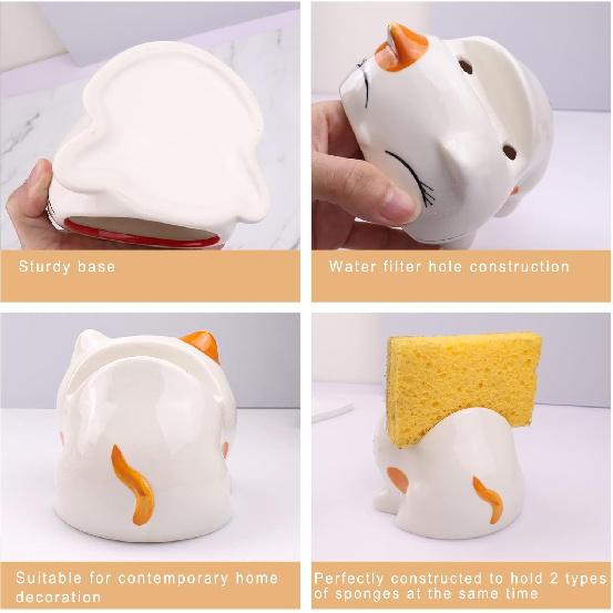Sponge Holder for Kitchen Cute Ceramics Kitchen Sink Caddy, Sink Sponge Rack Kawaii Cartoon Kitchen Dish Sponge Organizer Suitable for Kitchen