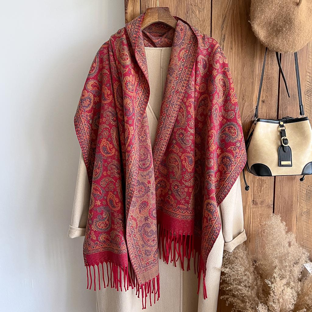 Modischer Warmer Kaschmirschal für den Winter - Damen-Fransen-Vintage-Blumen-Ölgemälde-Druck-Pashmina-Dicker Schal & Poncho