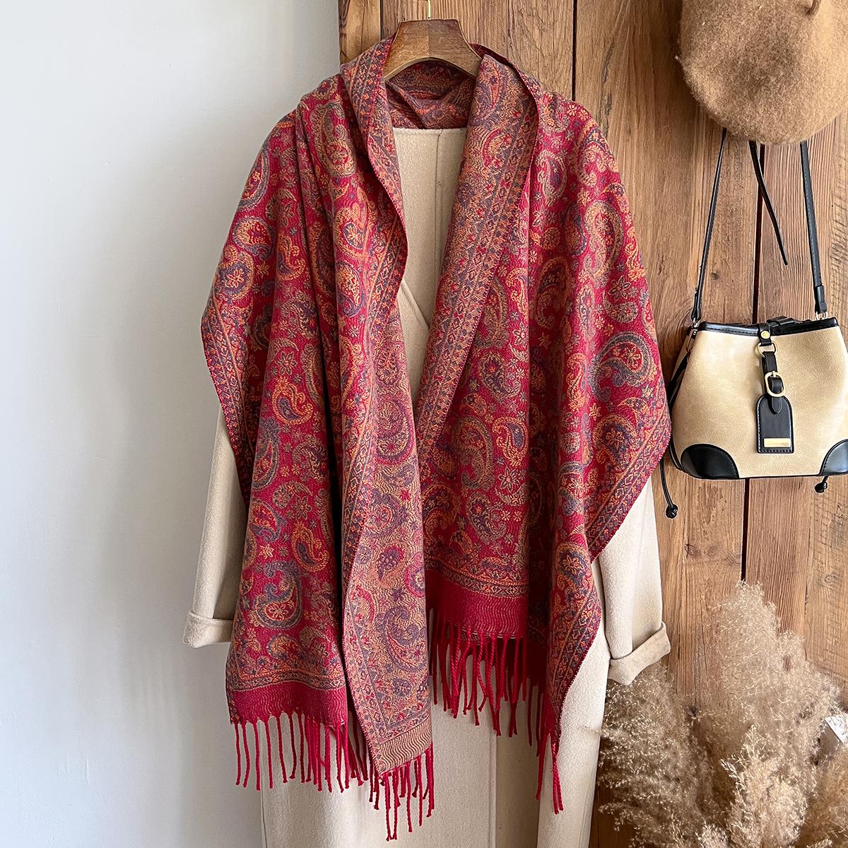 Écharpe Chaude en Cachemire Mode Hiver - Pashmina Imprimé Peinture à l'Huile Florale Vintage à Franges pour Femmes - Châle Épais & Poncho brown