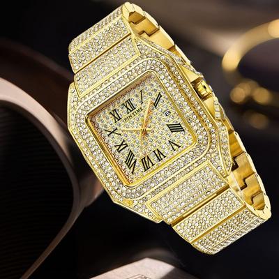 Luxury Watch for Men Waterproof Iced Diamond Quartz Wristwatch Roman Luminous Dial Calendar Male Watches