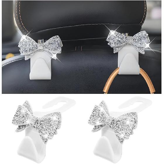 Bling Car Headreat Hook, 2PCS Crystal Rhinestone Cute Bow Vehicle Seat Back Hanger Storage For Purses Bags Grocery, Diamond Auto Rear Seat Organizer,