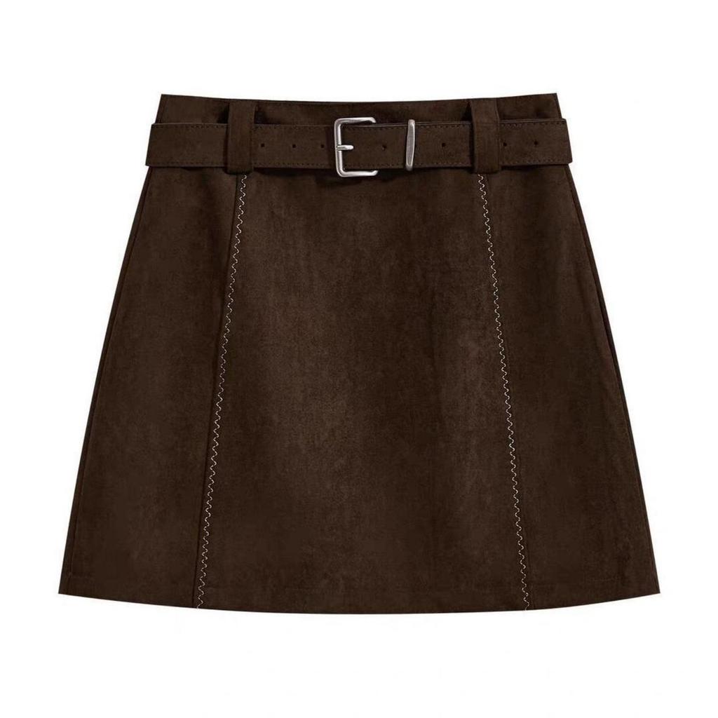 Plus Size Coffee Color Suede Velvet High Waist A-line Skirt – Anti-exposure, Hip-hugging, Short, for Women