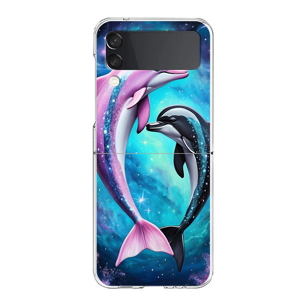 Phone Cover For Samsung Galaxy Z Flip 7 6 5 4 Case Transparent For Samsung Z Flip 3 Hard PC Shell Ocean Cute Dolphin Sea Turtle