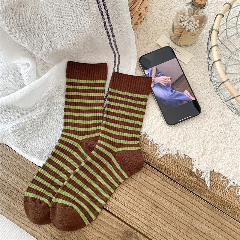 Autumn and Winter Mid-calf Socks for Women, Casual Striped School Style Warm Socks, Comfortable and Soft Pile Socks