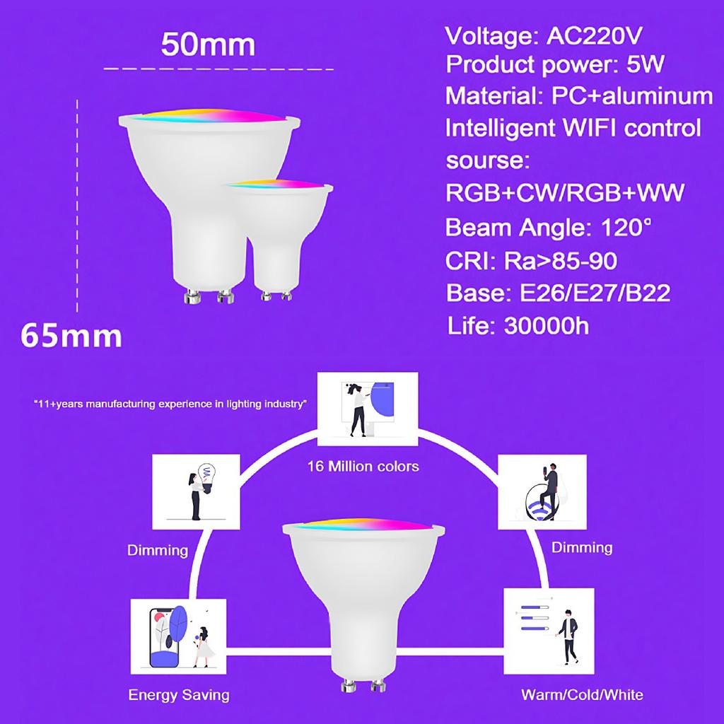 Dimmable GU10 LED Bulb 5W Adjustable Light-Up AC220V Lighting Smart App Control Lighted RGB/C+W White Bulbs for Party Decor