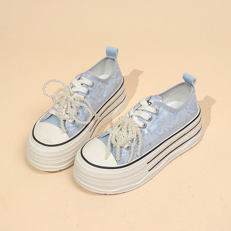 

Туфли на толстой подошве с бантом, жемчугом и пайетками, женская модная универсальная удобная легкая дышащая повседневная обувь 40 небесно-голубой