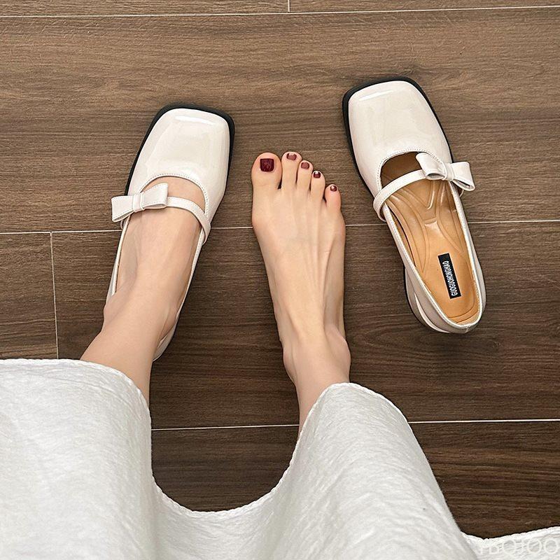 Spring Summer New Coarse Heel Women's Shoes Simple Comfortable Versatile Daily Single Shoes Butterfly Bow Shoes