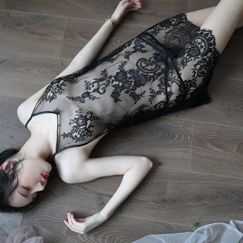 Sexy women's lingerie suspender eyelash lace nightdress see-through skirt seduction pajamas pure desire suit