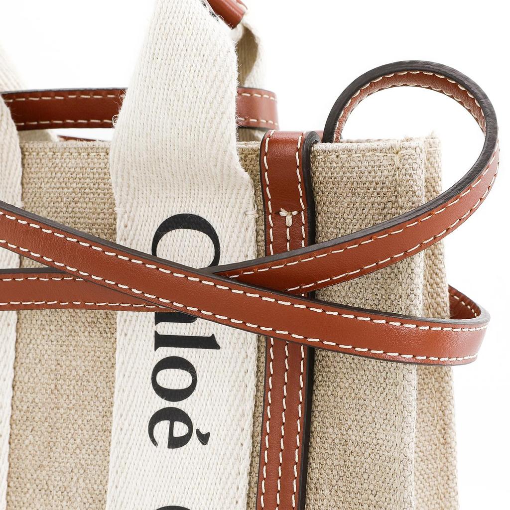 Chloe Holziges Logo-Print Leinen-Canvas und Kalbsleder Tragetasche Damen Tragetaschen Beige Braun CHC22AP237I2690U