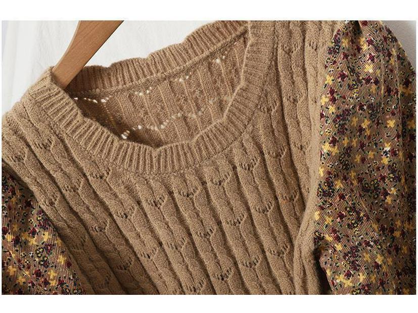 Trendy Autumn/Winter Korean Style Slimming Patchwork Tie-Up Knit Long Dress with Corduroy Floral Print