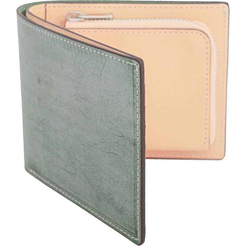 

[Dom Teporna] bifold wallet men s ladies wallet bridle leather tanned leather all genuine leather L-shaped zipper green