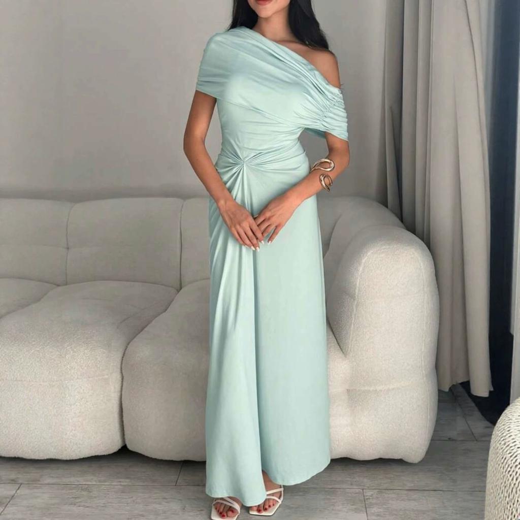 European and American Women's Clothing Spring and Summer New Diagonal Collar Short-sleeved Dress Shrink Pleated Hip-wrapped Temperament Long Dress