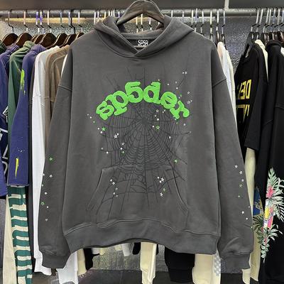 Felpa con cappuccio casual larga Sp5der stampa ragnatela verde schiuma peso elevato cotone puro uomo e donna