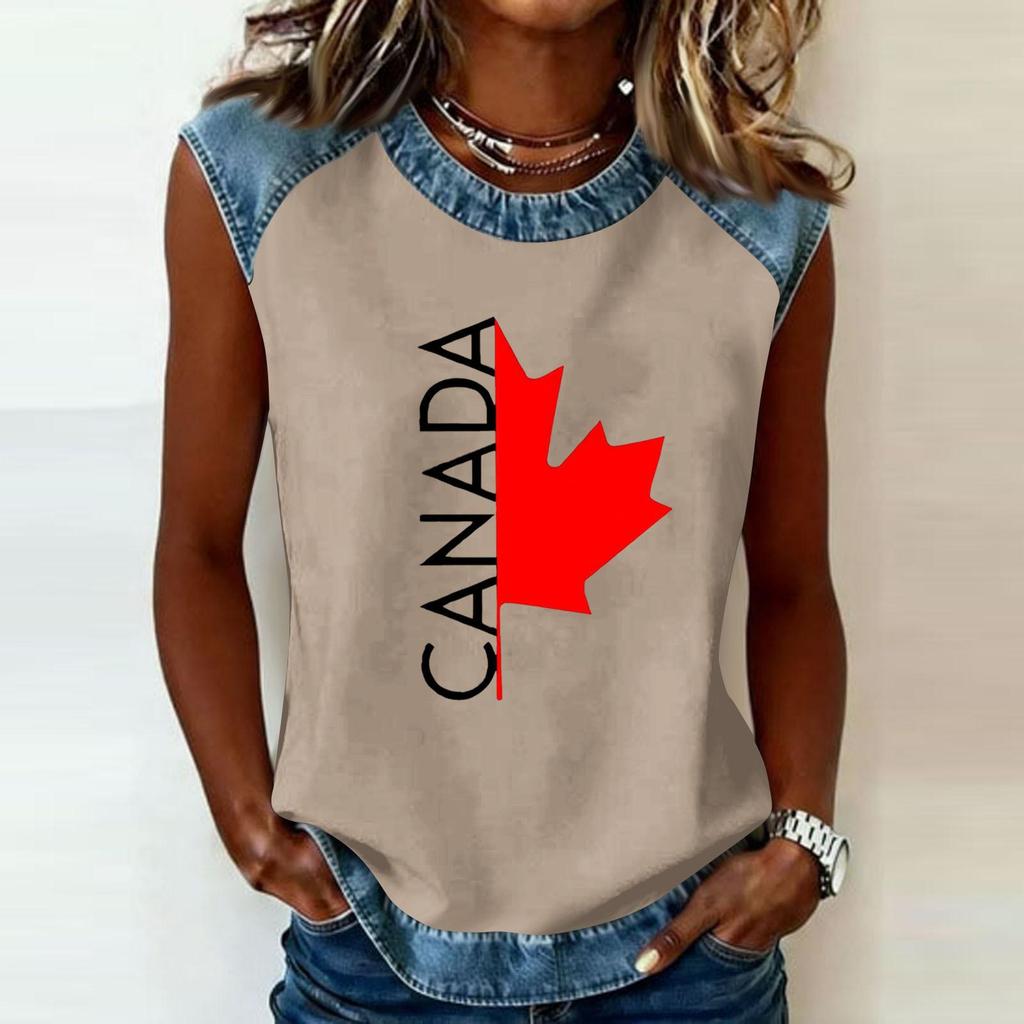 Sleeveless Pullover Casual T Shirt for Women Round Neck Loose Fit Printed Top with Raglan Sleeves and Contrast Trim