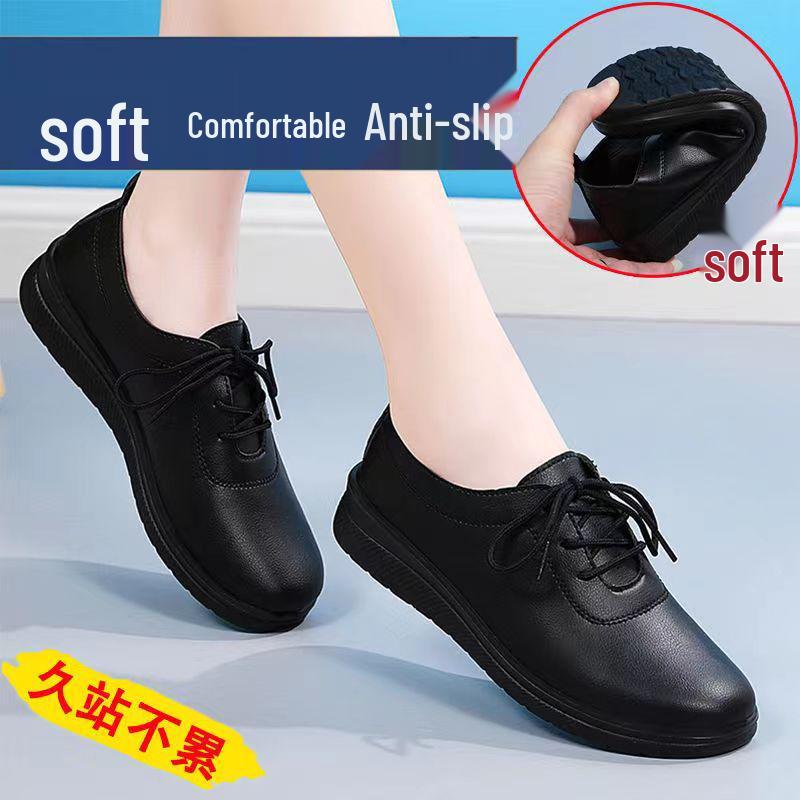 Women's Black Soft Leather Anti-Slip Loafers for Long Hours in Hotel Kitchens