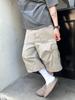 American retro solid color wide-leg denim cropped pants multi-pocket design overalls washed shorts men's and women's trends