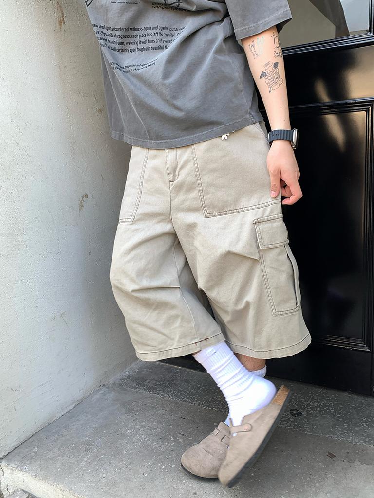 American retro solid color wide-leg denim cropped pants multi-pocket design overalls washed shorts men's and women's trends