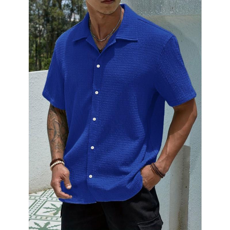 Men Notched Lapel Short Sleeve Shirt Crinkle Waffle Texture Full Button Front Loose Vacation Casual Blouse Tops