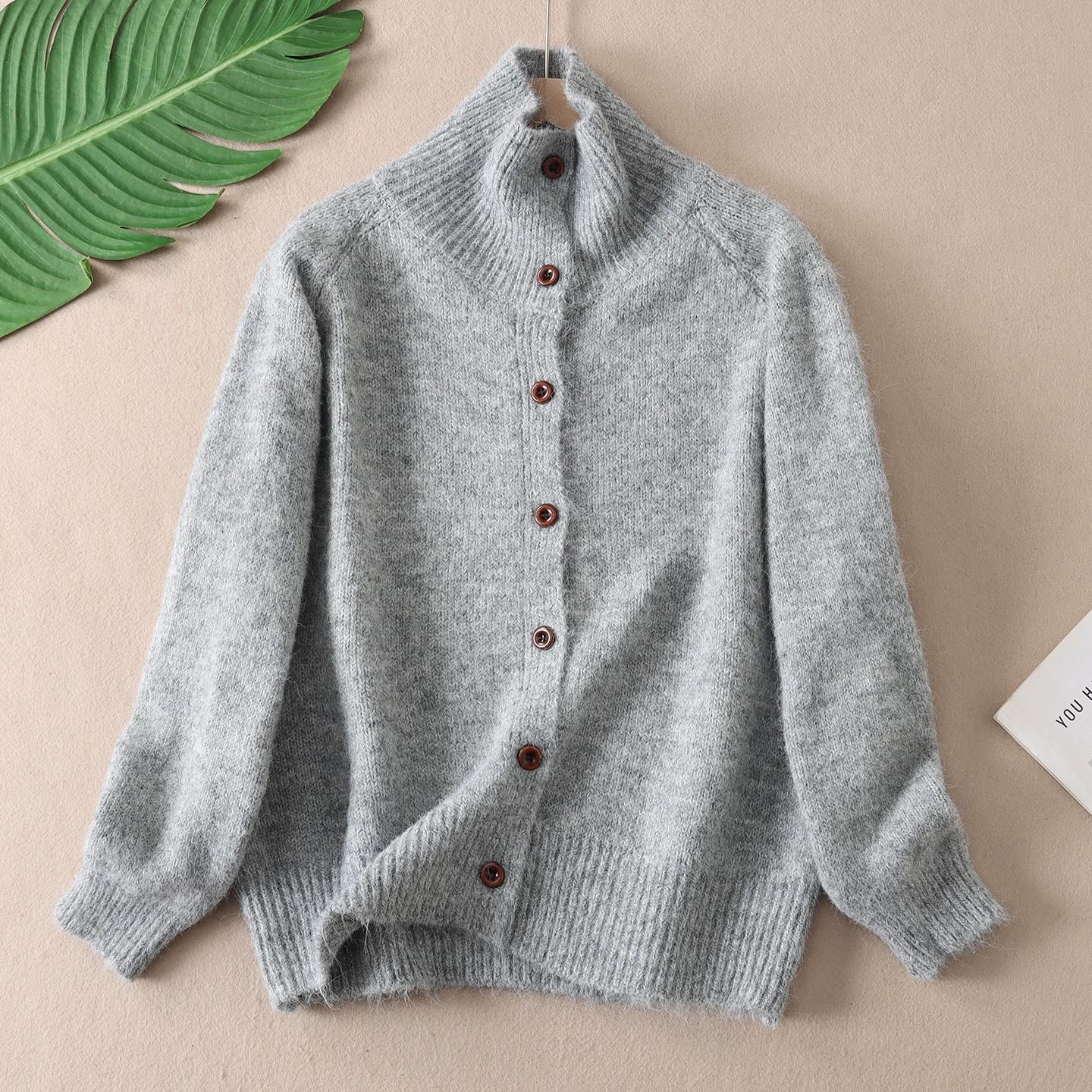 

DIMANAF 2025 Sweaters Buttons Turtleneck Solid Cardigan Red Autumn Women Knitting Loose One size