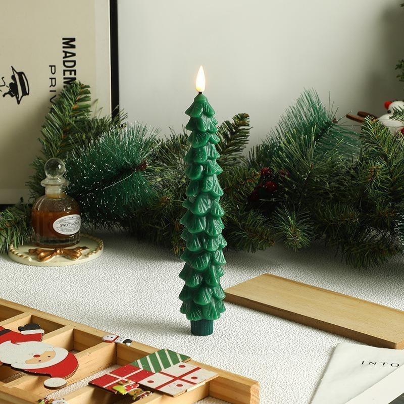 4/2pcs Christmas Tree LED Flameless Candles Light with 3D Flame Wick Green LED Candlesticks Operated for Christmas Home Decor