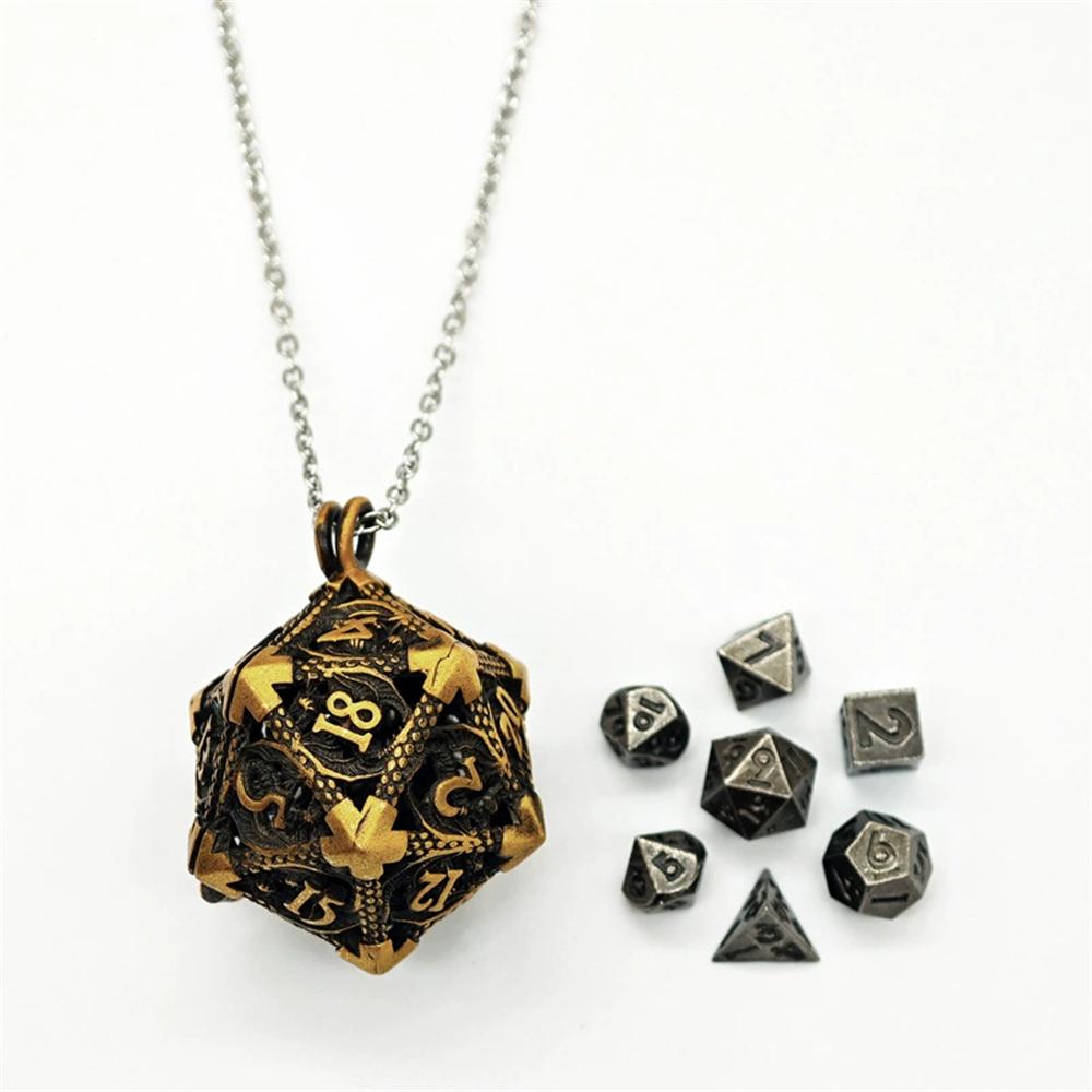 Mini 6MM Metal Flying Dragon Skeleton Dice Necklace D20 Metal Hollow Box+7pcs Metal Dice Pendant Set Portable Board Game Dice