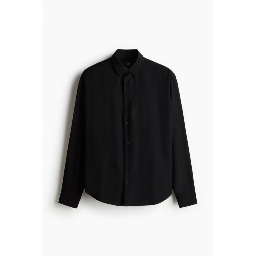 H M Regular Fit Crinkle sHirt Black