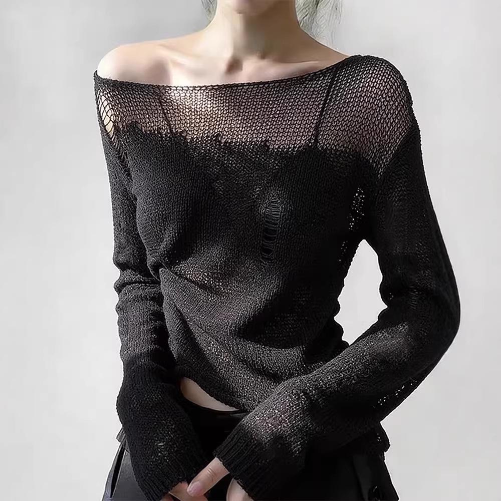 Women's Black Mesh Splice Long-Sleeve Fashionable T-Shirt - Trendy Spring Style