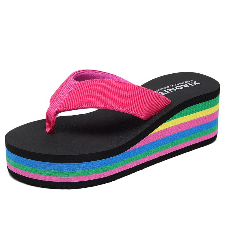 Women's Summer Rainbow Wedge Flip Flops - Thick Foam Sole Toe Post Beach Slippers