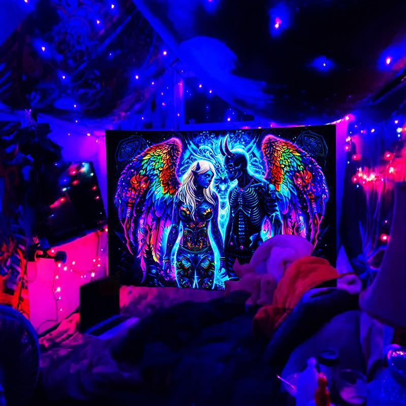 VIKAMA Starry Sky Neon Angel Devil Tapestry Bohemian Style Bedroom Living Room  Dormitory Wall Hanging Room Decor