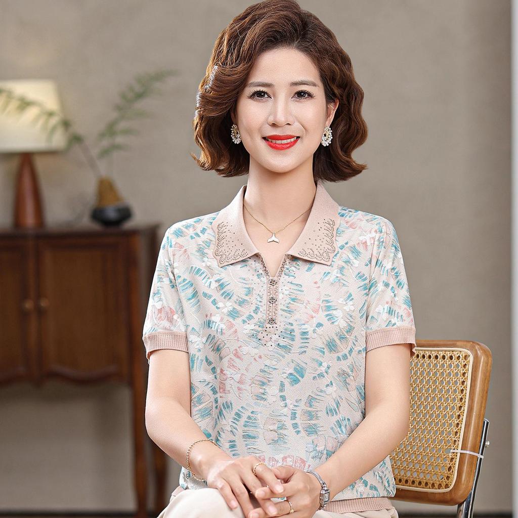 Stylish Women's Ice Silk Printed Top - Short Sleeve, Lapel, Summer Shirt for Middle-Aged and Elderly