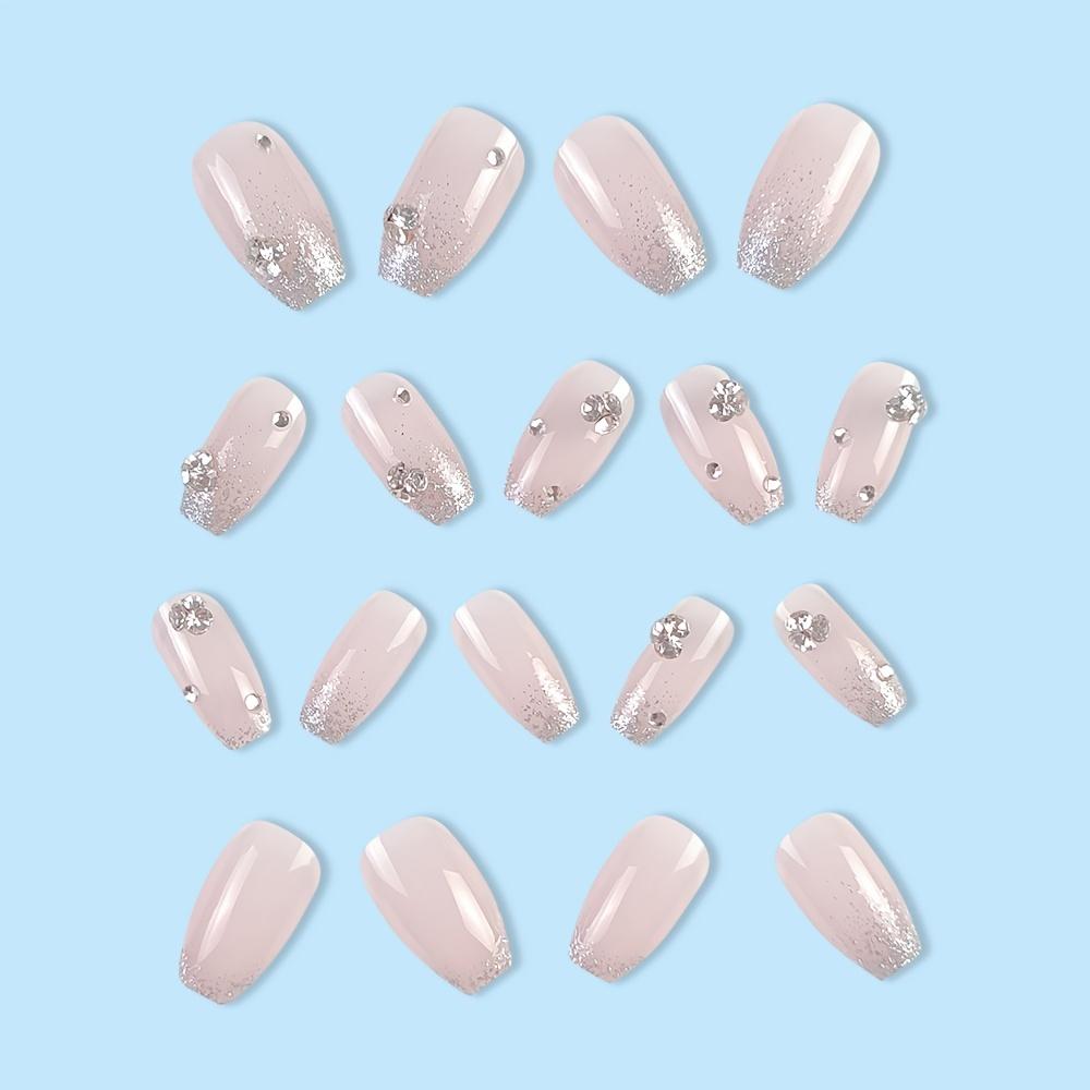 24pcs Glossy Short Coffin Press On Nails Pink French Style False Nails with Rhinestone Glitter Reusable Fake Nails