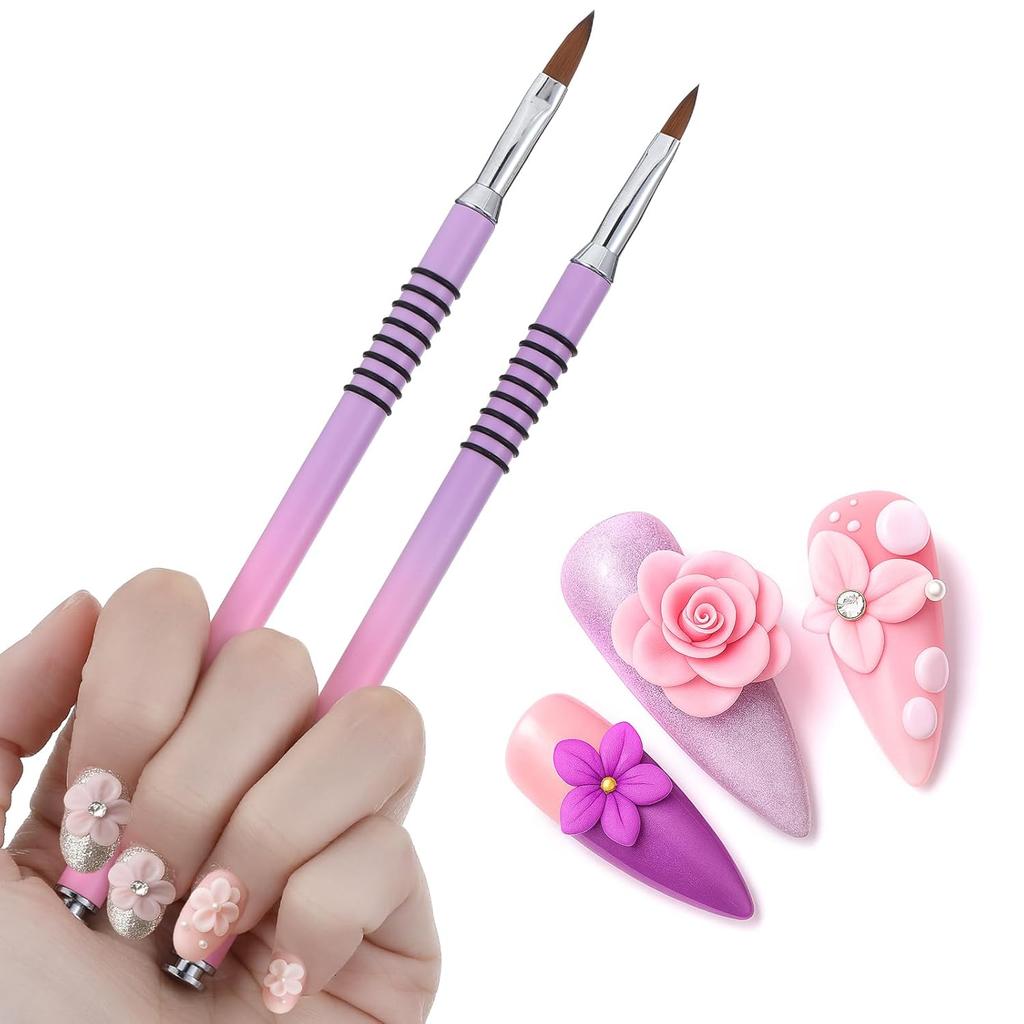 2PCS Acrylic Brushes for Nails, Size 2, 4 Professional Manicure Brush Set Purple-Pink Gradient Nail Tools Non-slip for Acrylic Powder, Nails