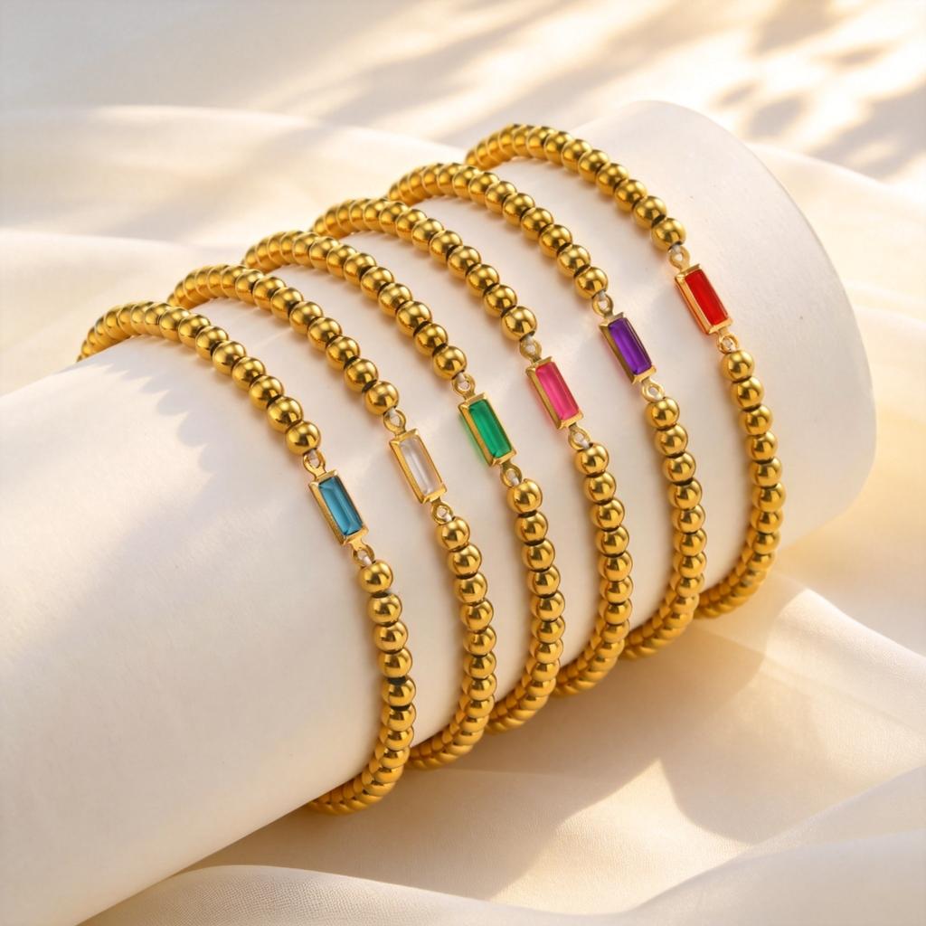 Birthstone Bracelet for Women, Gold Plated Beads Chain Elastic Bracelet, Fashion Dainty Jewelry Friendship Birthday Gift