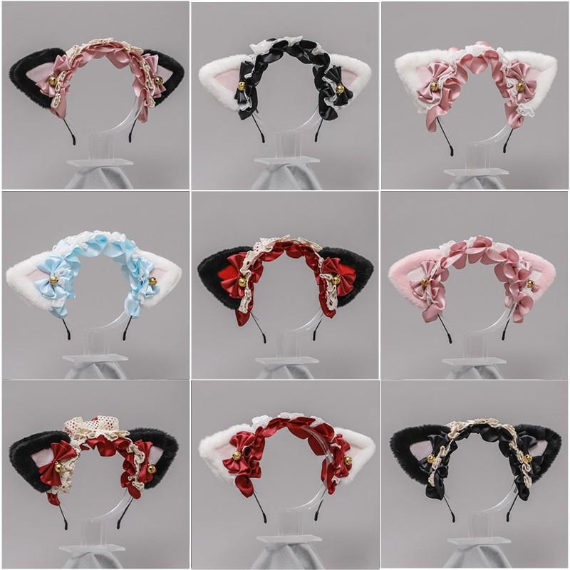Handmade Kawaii Japanese Lolita Cat Ear Headband With Lace Plush Trim Girls Women