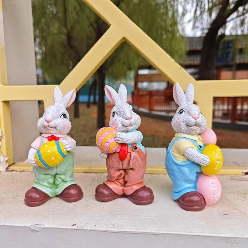 Easters Rabbit Sculpture Colorful Bunnies with Eggs Resins Figurine Statue Ornament for Home and Garden Decoration Gift