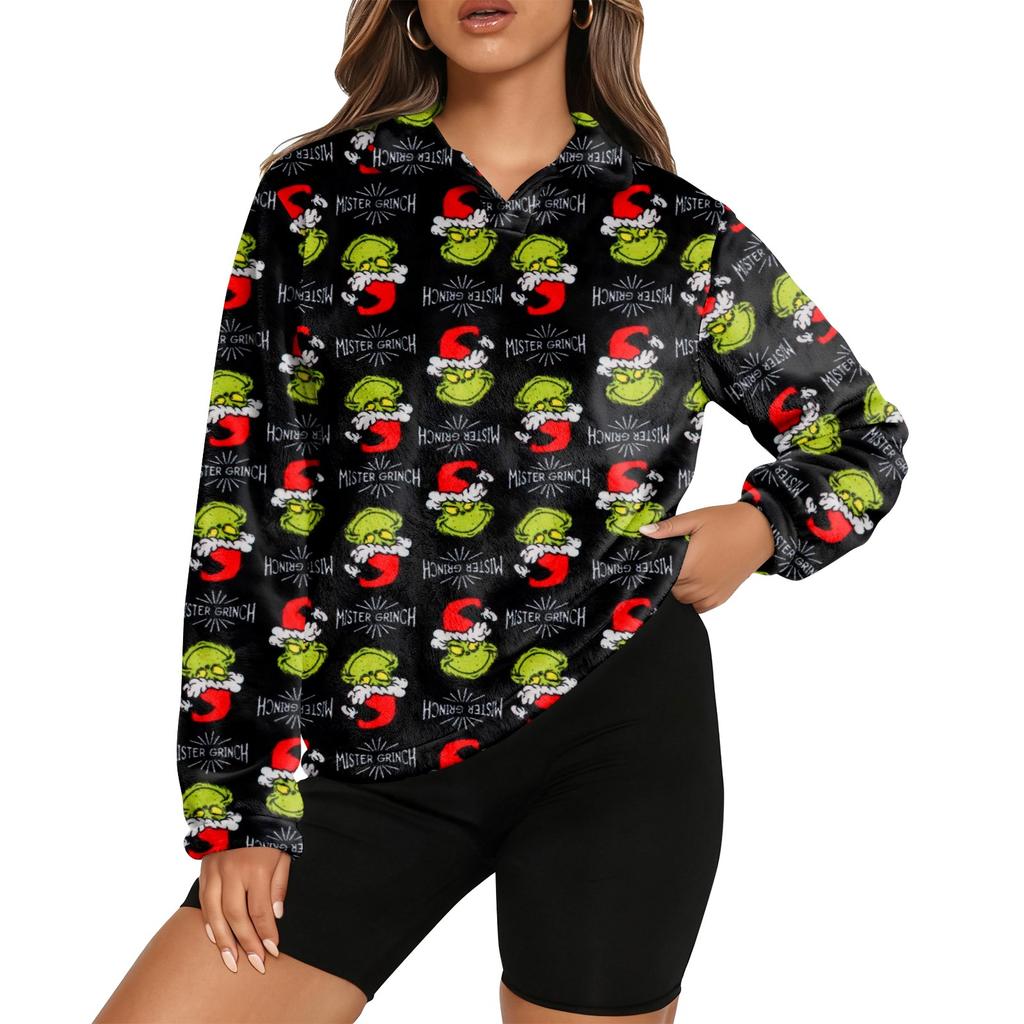 Women's Stand Collar Pullover Long Sleeve Top Christmas Print Sports Top