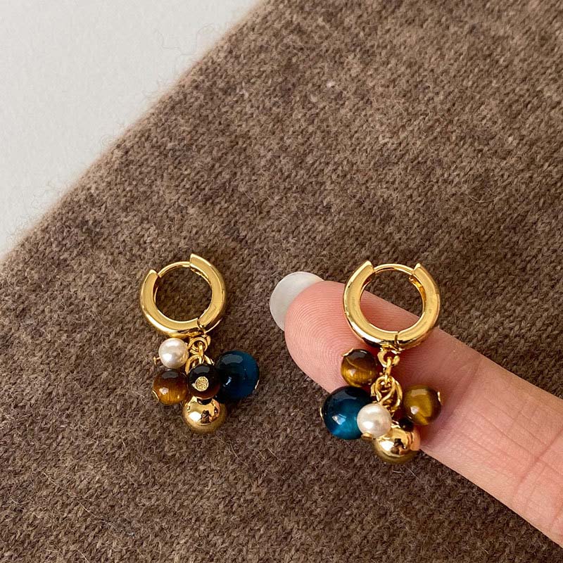 Vintage Natural Stone Colored Round Beads Pendant Gold Earrings Trendy Jewelry Unusual Ear Accessories for Women