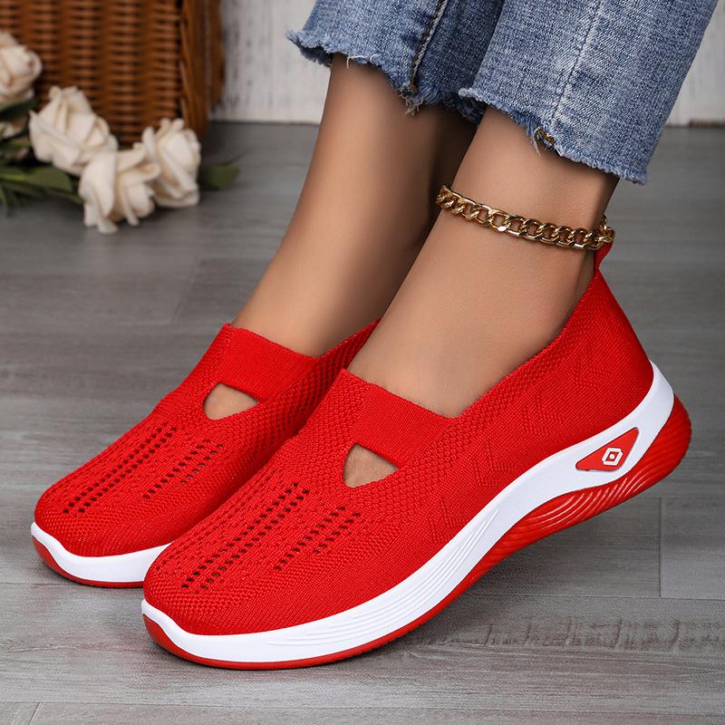 Women's Comfortable Breathable Knitted Sneakers Walking Soft Cut-Out Shoes for Women Office Work Platform Flats Slip On Tennis Shoes Casual Loafers