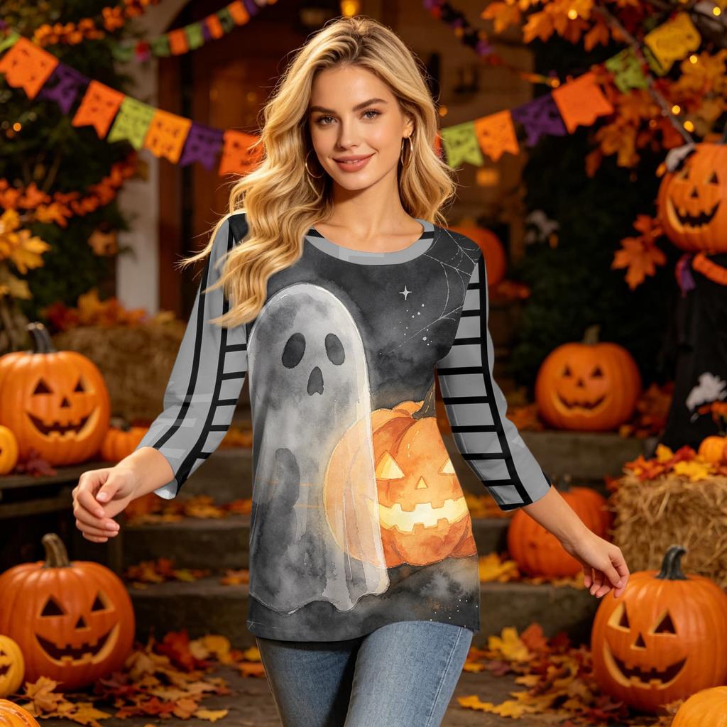 Women's Halloween Print Casual Neck Three-Quarter Sleeve Top for Holiday Party and Daily Wear