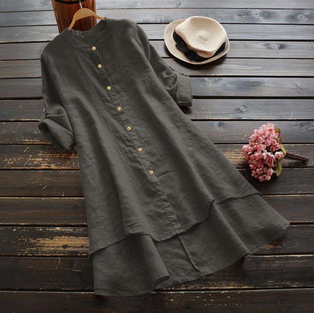 2021 Fall Cotton Linen Women's Long-Sleeve Solid Color Button-Down Shirt