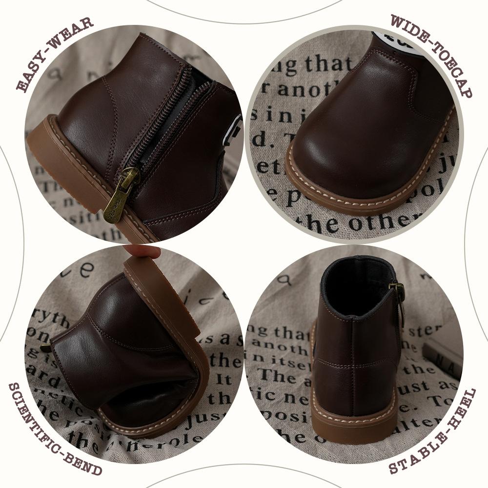 XSHX "Paris Simple" Children's French Leather Boots Boys and Girls Side Zipper Chelsea Boots [Wenzhou Shoes]